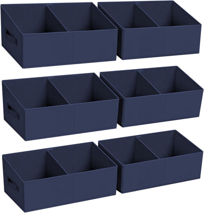 DIMJ Large Closet Shelf Organizer Bins 6 Packs with Handles and Divider, Fabric Trapezoid Storage Baskets, Foldable Clothes Containers Box for Shelf, Towel, Book, Toy, Purse, Hats, Navy Blue
