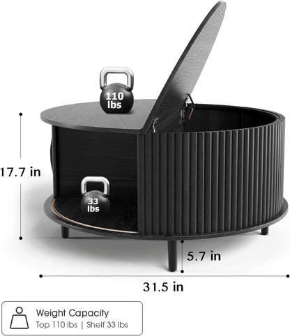 Round Coffee Table with Storage,Mid Century Modern Dining Table with Sliding Cabinet Door for Living Room,Home Small Space,31.5" Small Center Table,Black