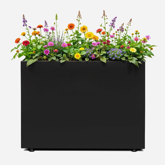 IDZO Metal Planter Box, Privacy Trough for Patio, Rectangle Container for Outdoor Plants, Tall Large Rectangular Steel Bed for Outdoor Greens with Drainage Holes & Adjustable Feet, Black