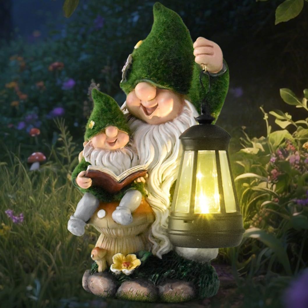 Solar Garden Gnome Statue Flocked Reading Parent & Child Gnomes with LED Light, Outdoor Waterproof Lawn Ornament Decor for Patio Lawn Yard Pathway Gift Idea for Women Mom Mothers Day