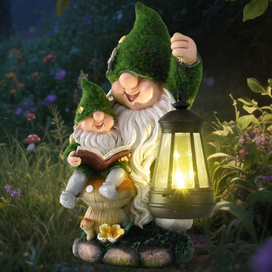Solar Garden Gnome Statue Flocked Reading Parent & Child Gnomes with LED Light, Outdoor Waterproof Lawn Ornament Decor for Patio Lawn Yard Pathway Gift Idea for Women Mom Mothers Day