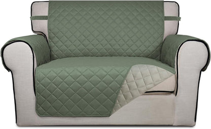PureFit Reversible Quilted Sofa Cover, Water Resistant Slipcover Furniture Protector, Washable Couch Cover with Non Slip and Elastic Straps for Kids, Dogs, Pets (Oversized Chair, Greyish Green/Beige)