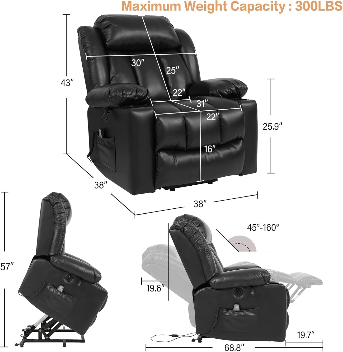 PARKOL Power Lift Recliner Chair for Elderly Breathable Leather Recliner Chair with Massage and Heat,2 Cup Holders,Electric Stand Assist,USB Ports,Gifts for Family (Black)