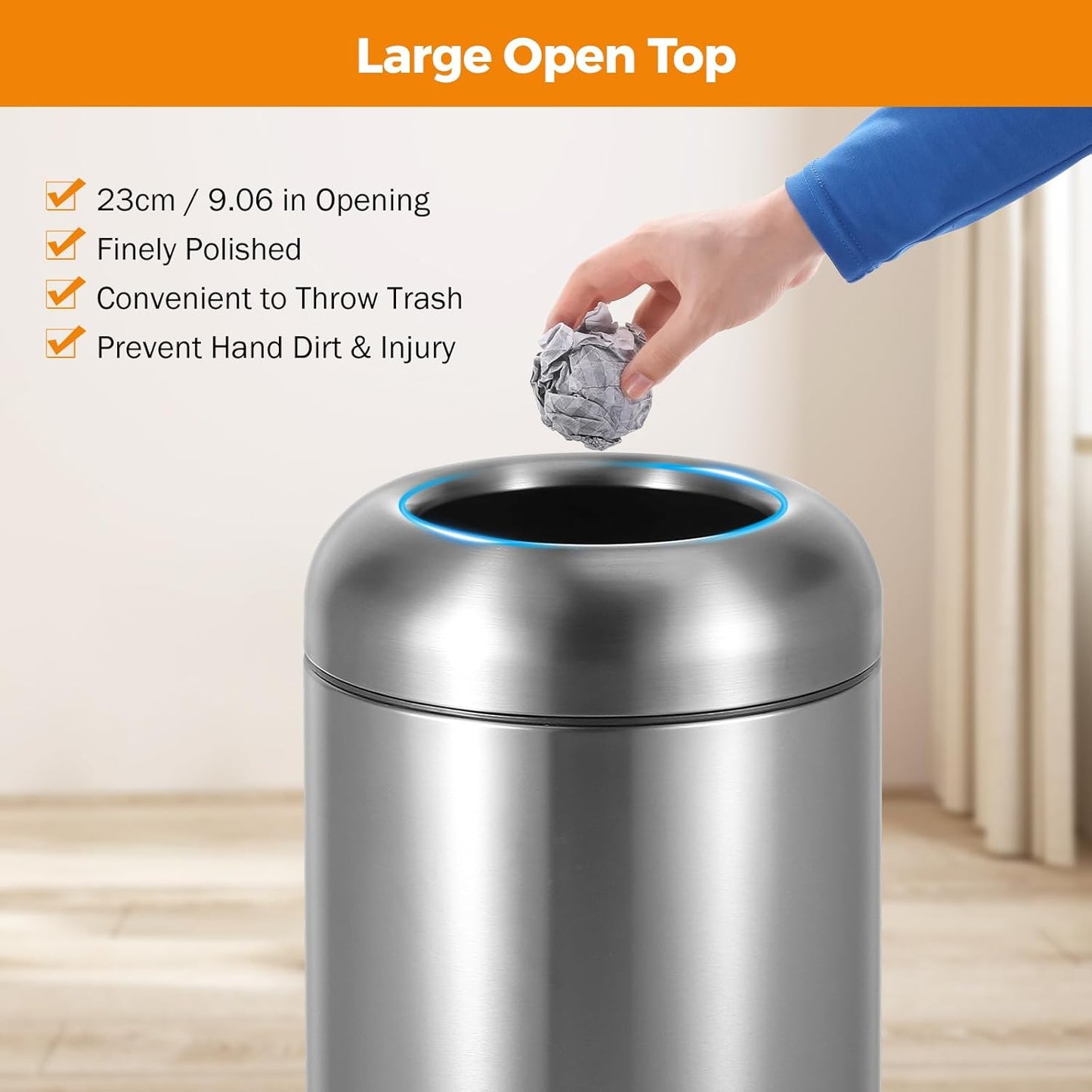 BEAMNOVA 16.5 Gallon Trash Can Open Top Outdoor Indoor Commercial Stainless Steel Industrial Waste Basket Container, Gray Large Garbage Enclosure with Lid