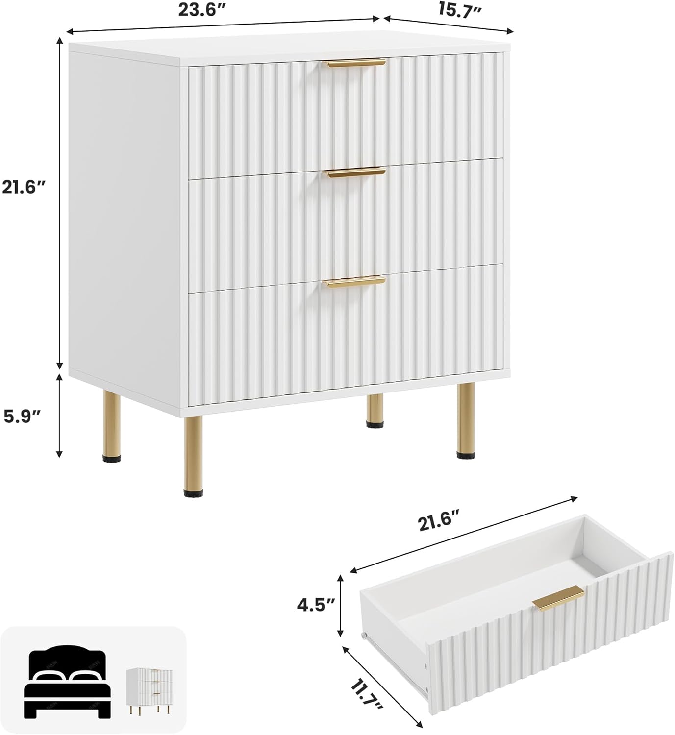 White 3 Drawer Dresser for Bedroom, Fluted Modern Nightstand with Deep Drawers, Chest of Drawers with Wide Top, Wooden Dresser Organizer, Side Table for Living Room, Hallway, Kids Room