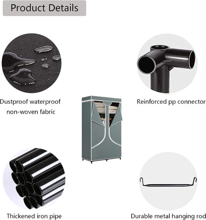 SORCEDAS Portable Wardrobe Closet Storage Organizer Metal Hanging Rack Non-Woven Fabric 34 Inch Grey