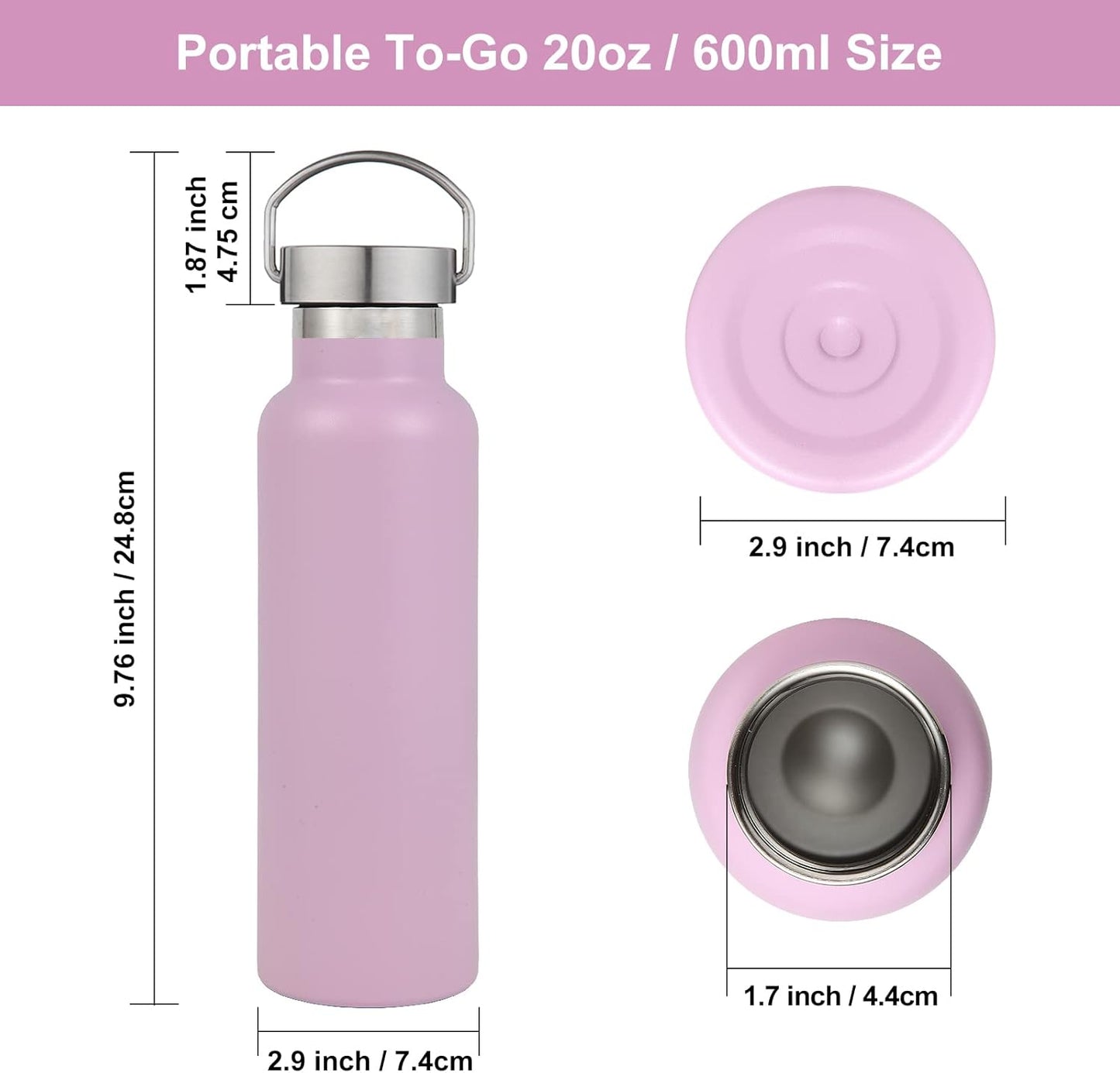 Neihepal 20 oz Insulated Water Bottles Bulk 4 Pack,Stainless Steel Double Wall Sport Bottle with Lid of Handle,Metal Reusable Thermoses Flask with Cup Cap for School,Hikers,Gift (Pink,Set of 4)