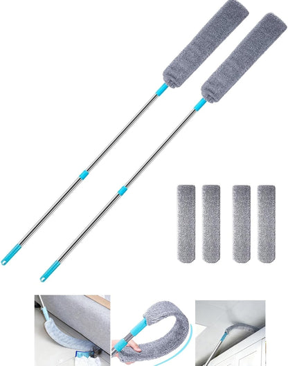 Saker Plus Retractable Gap Dust Cleaning Artifact, Saker Plus Flat Duster for Under Furniture, Reusable Washable Bendable Dusting Wand with Microfiber Dusting Cloths (2PCS)