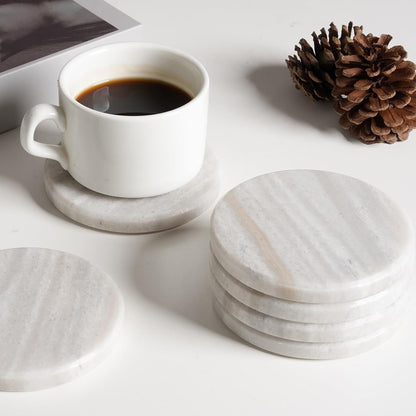 BCS Premium Marble Coasters Set of 6 with Holder - White Stone Drink Coasters for Coffee Table, Durable Cup Mats for Beer, Wine, Beverages - Elegant Home & Office Decor Present