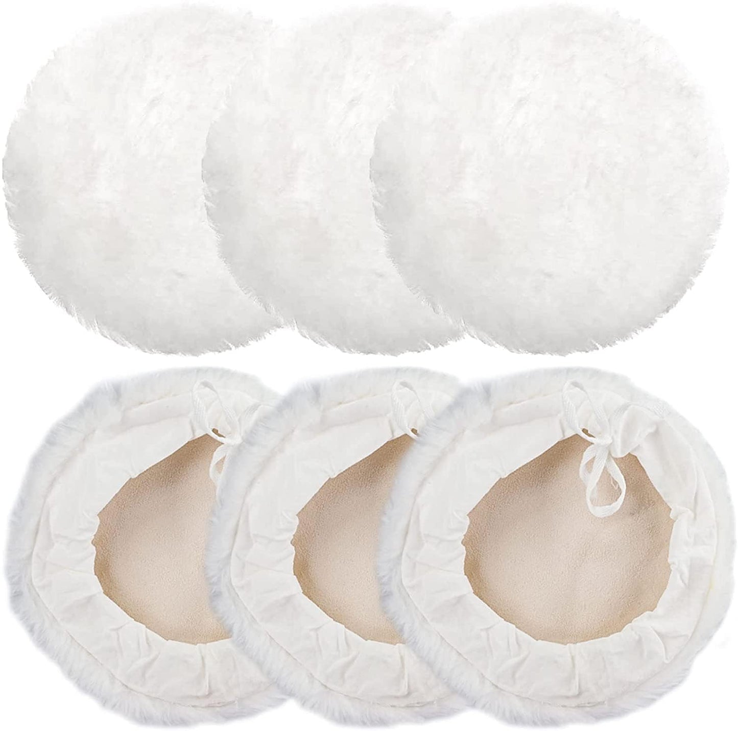 Linkstyle 6PCS 7 Inch Wool Buffing Pads Kit, Lambs Wool Polishing Bonnet Pads with Drawstring, Drill Buffer Polisher Attachment for Car Detailing, Furniture, Glass, Metal, DIY Polishing
