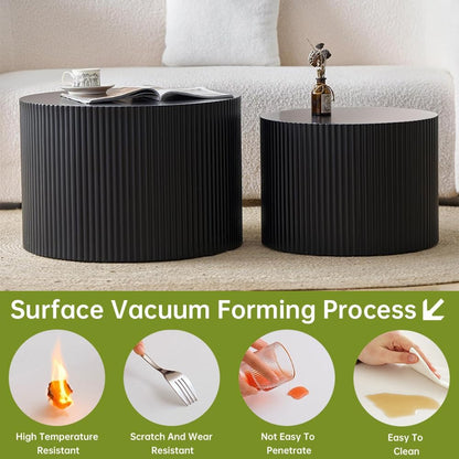 Round Nesting Coffee Table Set of 2 Small Round Coffee Tables for Living Room Modern Fluted Coffee Table Circular End Table Side Table for Small Spaces No Assembly (Black A, 18 in)