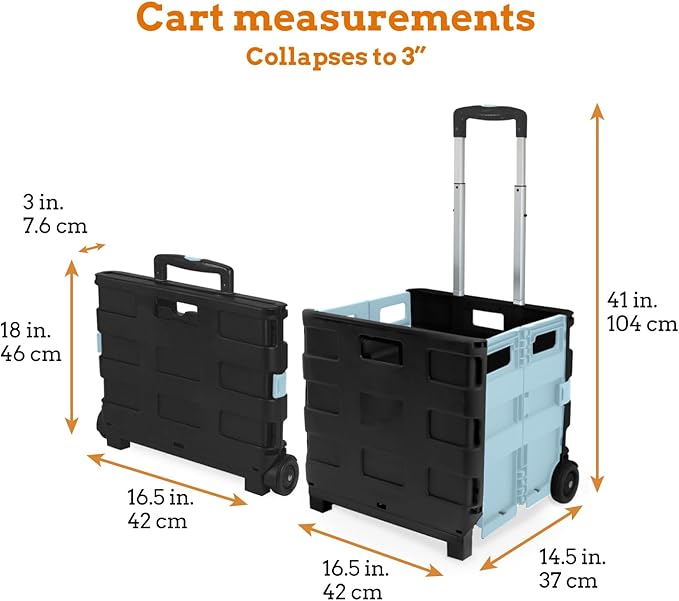 Inspired Living Ultra-Slim Rolling Collapsible Storage Pack-N-Roll Utility-carts, with Telescopic Handle, for Home, Garden, Shopping, Office, School use, Large, Baby Blue & Black