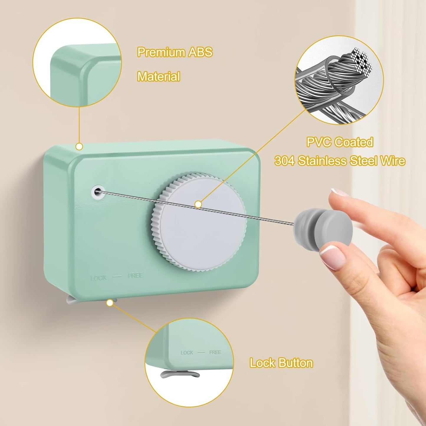 Retractable Clothesline Indoor/Outdoor, Anti-Sag for Drying Clothes Line Retracting Indoor/Outdoor, We Equipped This 13.8 Fts Laundry line Retractable with 4 Large Clips