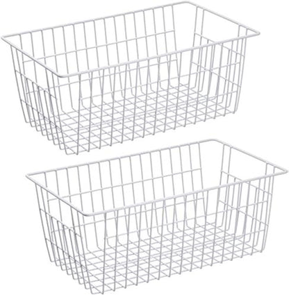 Slideep Freezer Baskets Farmhouse Organizer Storage Basket with Handles, Food Storage Bin for Kitchen Cabinets, Pantry, Closet, Bedroom, Bathroom, Office, 2 Pack, White