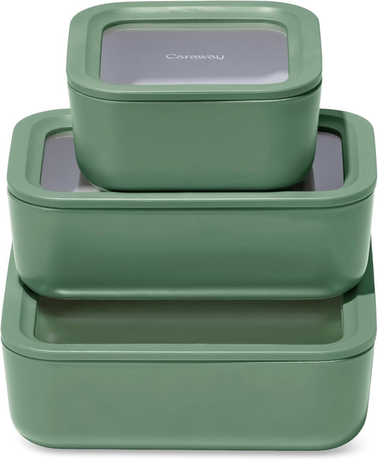 Caraway 3pc Glass Food Storage Set – 10 Cup, 6.6 Cup, & 4.4 Cup Food Containers - Ceramic Coated - Non Toxic Non Stick Lunch Box with Glass Lids - Dishwasher, Oven, & Microwave Safe - Sage