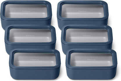 Caraway 6pc Glass Food Storage Set – 6.6 Cup Food Containers (6) - Ceramic Coated - Non Toxic, Non Stick with Lids - Microwave Safe - Navy