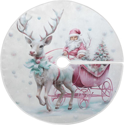 Christmas Tree Skirt, 48 Inch Santa Claus Pink Reindeer Xmas Tree Mat for New Year Party Decorations