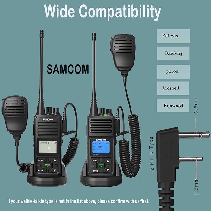 SAMCOM Walkie Talkie Speaker Mic, 2 Pin K Type Handheld Two Way Radios Shoulder Lapel Mic Microphone with Rainforced Cable,1 Pack