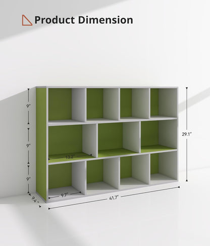 11 Cube Small Kids Bookshelf & Toy Organizer – Wooden Cube Bookcase for Playroom Organization and Storage, Book Storage for Kids Room, Baby Bookshelf for Nursery, Green/White