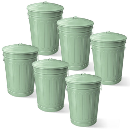 Plexon Round Trash Can 13 Gallon, Vintage Metal Outdoor Trash Can with Lid, Retro Farmhouse Garbage Container, Old School Modern Ash Bucket, Green 6 Pack