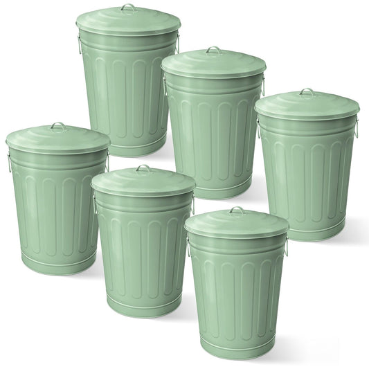 Plexon Round Trash Can 13 Gallon, Vintage Metal Outdoor Trash Can with Lid, Retro Farmhouse Garbage Container, Old School Modern Ash Bucket, Green 6 Pack