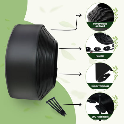 Landscape Edging - 2 Inch x 66FT Garden Border with 200 PCS Spikes, Plastic Lawn Edging for Flower Bed, Pathway and Yard(Black)