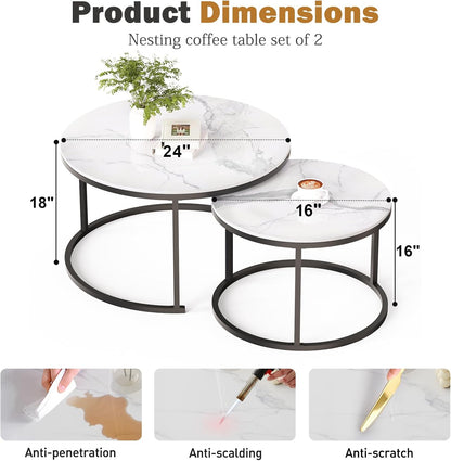 Round Nesting Coffee Table, White Modern Decorative Coffee Center Table Set of 2,Round Sintered Stone 24'' Coffee Table for Living Room with Sturdy Metal Frame.