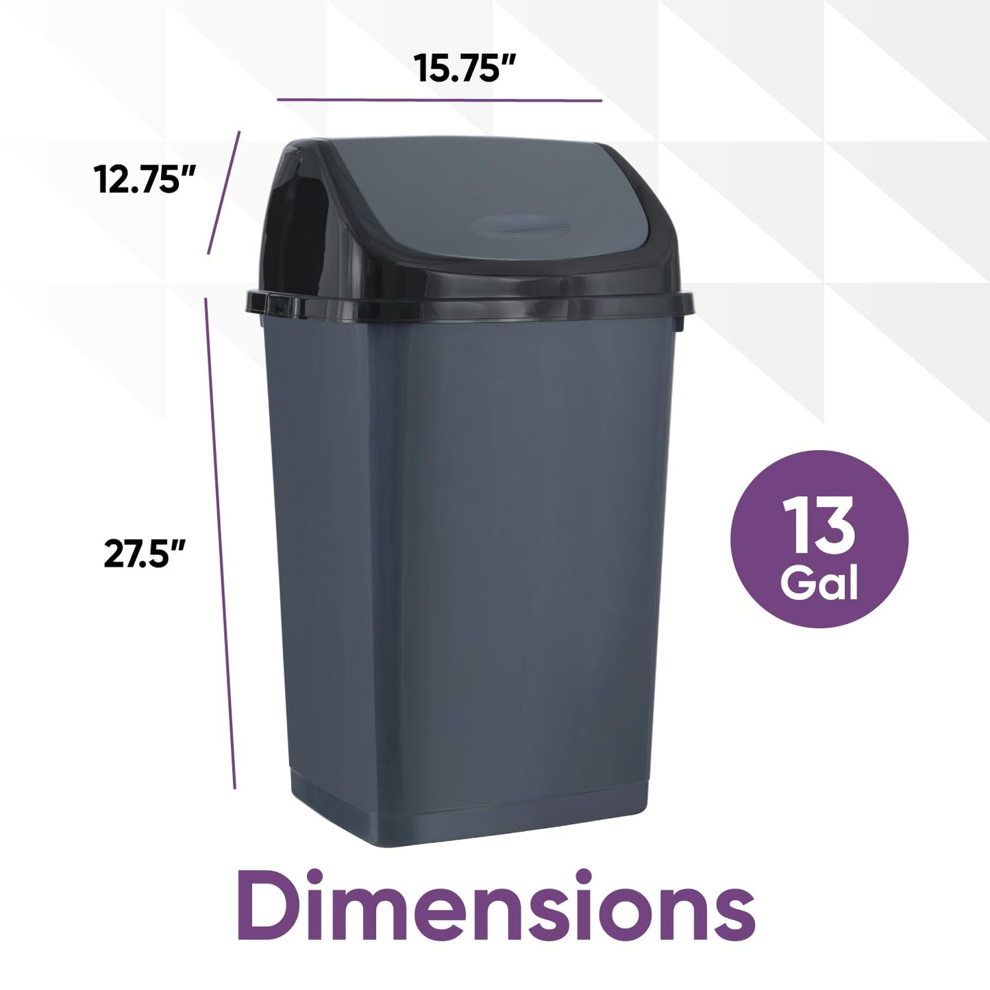 Superio Kitchen Trash Can 13 Gallon with Swing Lid, Plastic Tall Garbage Can Outdoor and Indoor, Large 52 Qt Recycle Bin and Waste Basket for Home, Office, Garage, Patio, Restaraunt (Grey/Black)