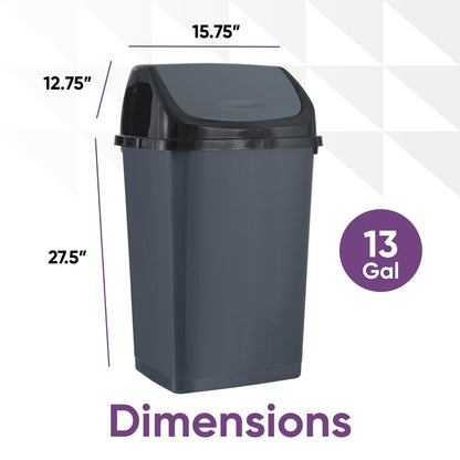 Superio Kitchen Trash Can 13 Gallon with Swing Lid, Plastic Tall Garbage Can Outdoor and Indoor, Large 52 Qt Recycle Bin and Waste Basket for Home, Office, Garage, Patio, Restaraunt (Grey/Black)