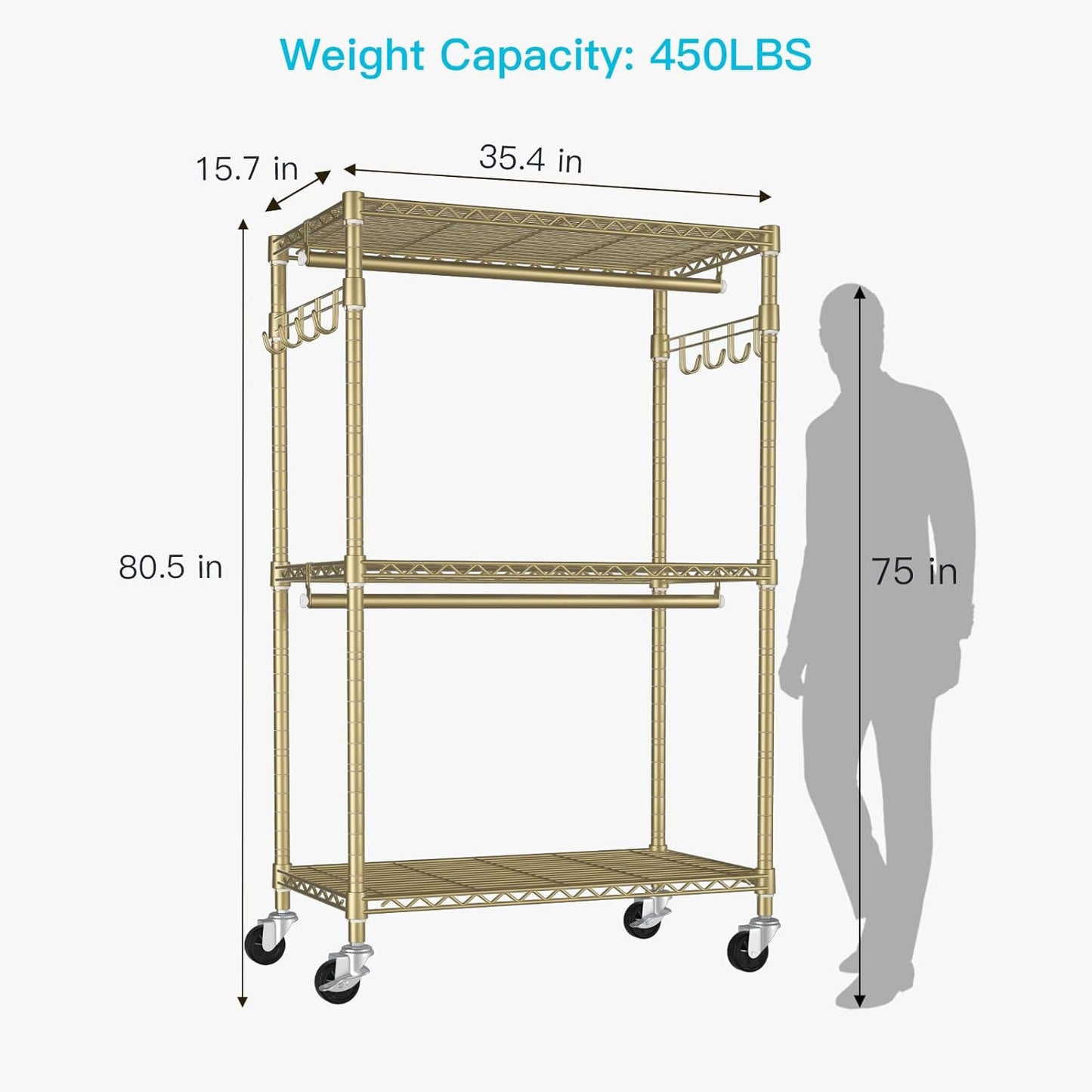 FUTASSI P1 Rolling Clothes Rack, Movable Metal Garment Closet Organizer with Lockable Wheels, Clothing Wardrobe with Double Hanger Rods and Hooks, 35.4" W x 15.7" D x 80.5" H, Load 450lbs, Gold