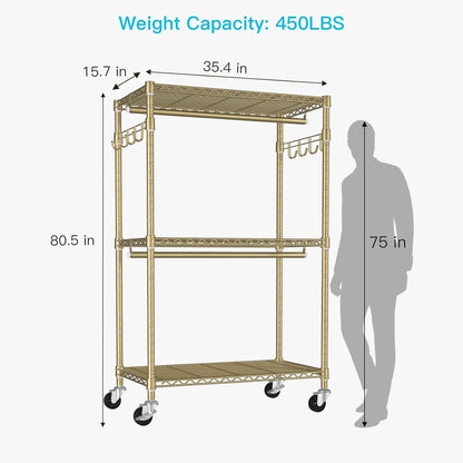 FUTASSI P1 Rolling Clothes Rack, Movable Metal Garment Closet Organizer with Lockable Wheels, Clothing Wardrobe with Double Hanger Rods and Hooks, 35.4" W x 15.7" D x 80.5" H, Load 450lbs, Gold
