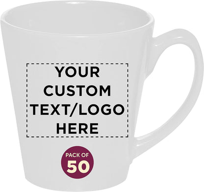 DISCOUNT PROMOS Custom Glossy Ceramic Latte Coffee Mug 12 oz. Set of 50, Personalized Bulk Pack - Perfect for Tea, Espresso, Cappuccino, Hot Cocoa - White