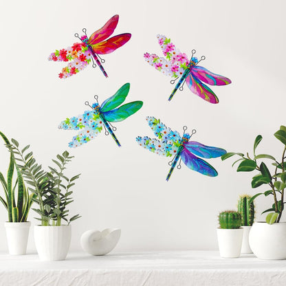 Dragonfly Wall Decor, 4 Pack Metal Outdoor Wall Decor Art, Colourful Dragonfly Decor for Garden Yard Patio Fence Living Room Bedroom