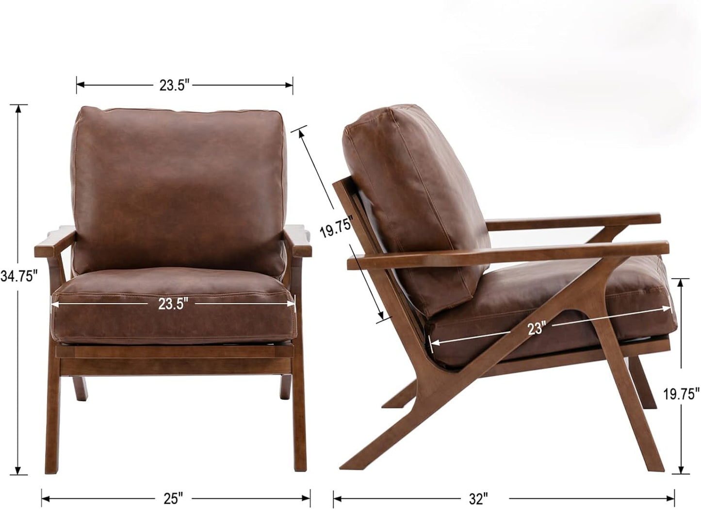 HNY Mid Century Arm Chair, Retro Accent Armchair with Wood Frames & Faux Leather Upholstered Removable Cushions, Leisure Reading Chair Slipper Chair for Living Room Bedroom, Brown