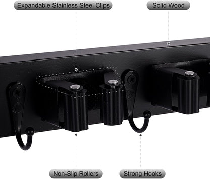 Broom Holder Wall Mount With 5 Slots & 4 Hooks，Rustic Wood Broom & Mop Hanger，Wall Mounted Garden & Garage Tool Storage Organizer Rack for Closet Laundry Room or Kitchen Wall Decor Black