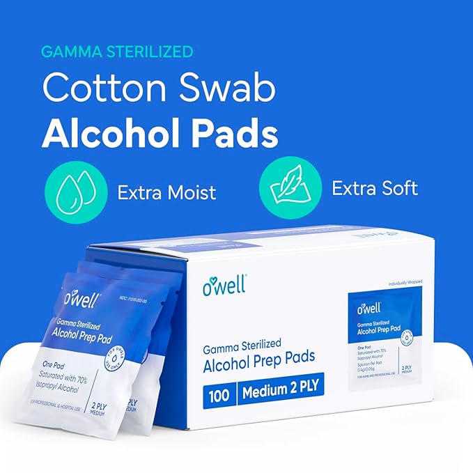 OWELL Prep Pads - 200 Individually Wrapped Sterile Alcohol Wipes, Medium 2-Ply Antiseptic Wipes for Disinfecting Skin, First Aid Kit Alcohol Swabs (2 Packs of 100 Count)