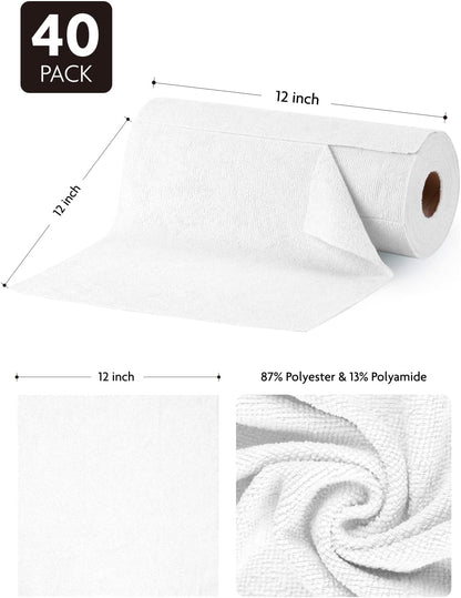 Fantasticlean Microfiber Cleaning Cloth Roll -40 Pack, Tear Away Microfiber Towels, 12" x 12", Reusable, Washable, Scratch Free, Ultra Absorbent Dish Rags for Car, Home, Garage or Shop (White)
