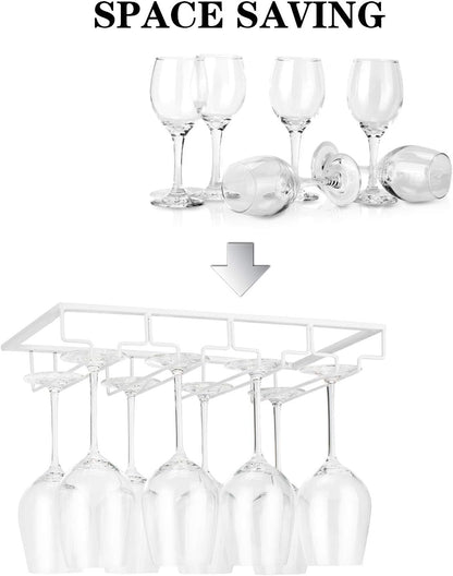 Wine Glass Rack - Under Cabinet Stemware Wine Glass Holder Glasses Storage Hanger 2 Pack Metal Organizer for Bar Kitchen 4 Rows White