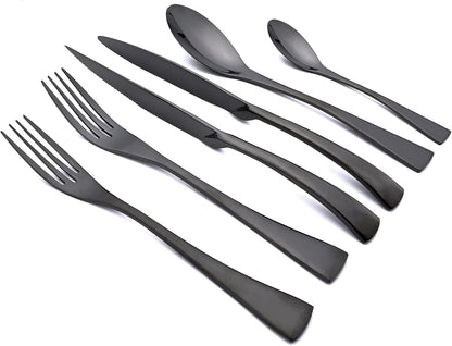 24-Piece Black Flatware, Mirror 18/10 Stainless Steel Modern & Luxury Dinnerware Set With Serrated Steak Knife Teaspoon For Daily Use or Dinner Party Restaurant - Service For 4