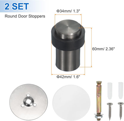 PATIKIL 2Set Round Door Stoppers, 60mm Stainless Steel Door Stop Doorstop Wedge Metal Cylinder Self Adhesive with Screw for Bottom of Door Floor Inside, Copper Tone