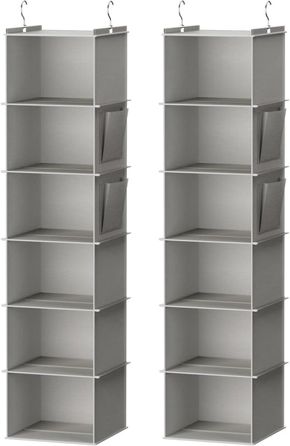 YOUDENOVA Hanging Closet Organizer, 6-Shelf Closet Hanging Storage Shelves, 2 Packs, Light Grey