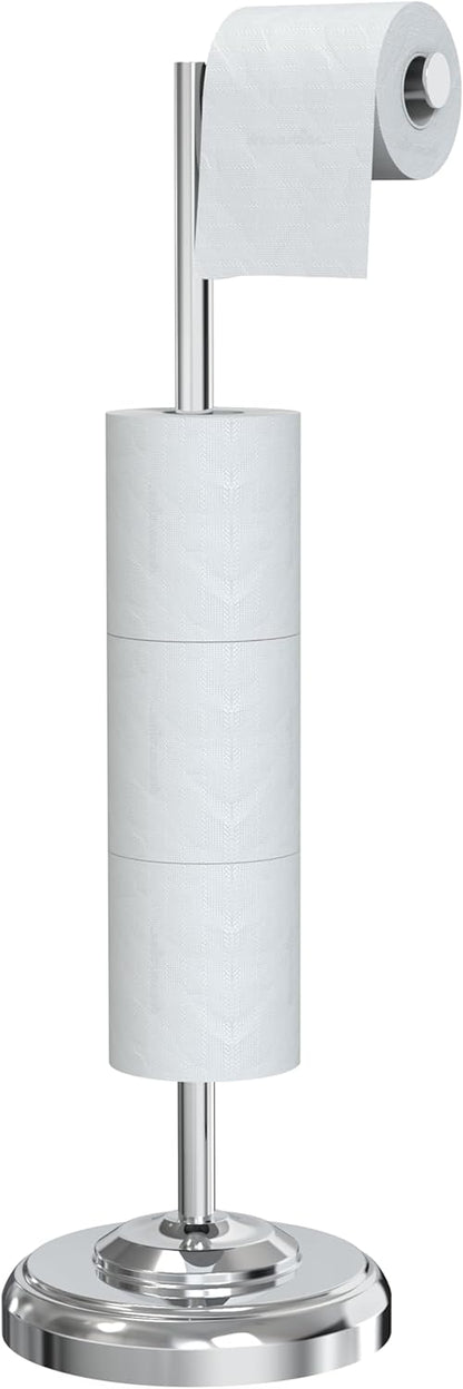 Freestanding Toilet Paper Holder Stand with Storage – Holds 4 Extra Rolls – Chrome Toilet Paper Holder for Bathroom – Sturdy Base, Classic Retro Style, Space-Saving Bathroom Storage Organizer