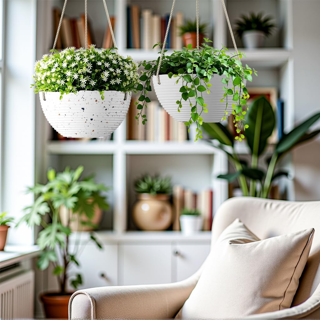 Line Pattern 10 Inch Hanging Planter for Indoor Outdoor Plants, 2 Pack Round Hanging Pots for Plants (White + Speckled White)