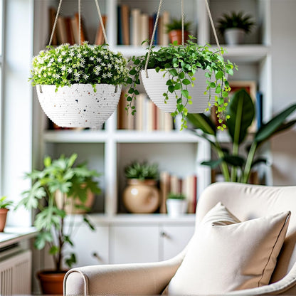 Line Pattern 10 Inch Hanging Planter for Indoor Outdoor Plants, 2 Pack Round Hanging Pots for Plants (White + Speckled White)