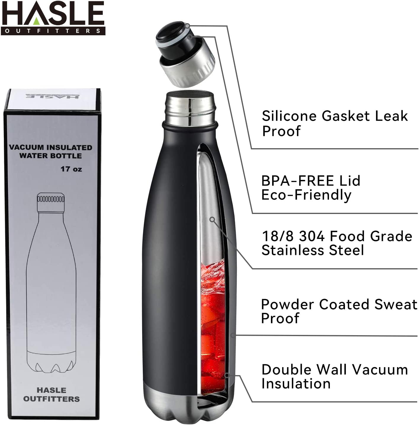 HASLE OUTFITTERS 17oz Stainless Steel Water Bottles Bulk, Vacuum Insulated Double Walled Reusable Metal Sports Water Bottles Keep Drinks Hot and Cold, Black, 8Packs