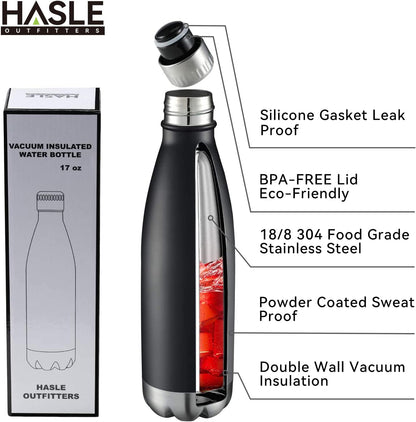 HASLE OUTFITTERS 17oz Stainless Steel Water Bottles Bulk, Vacuum Insulated Double Walled Reusable Metal Sports Water Bottles Keep Drinks Hot and Cold, Black, 8Packs