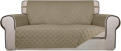 PureFit Reversible Quilted Sofa Cover, Water Resistant Slipcover Furniture Protector, Washable Couch Cover with Non Slip and Elastic Straps for Kids, Dogs, Pets (Oversized Loveseat, Beige/Beige)