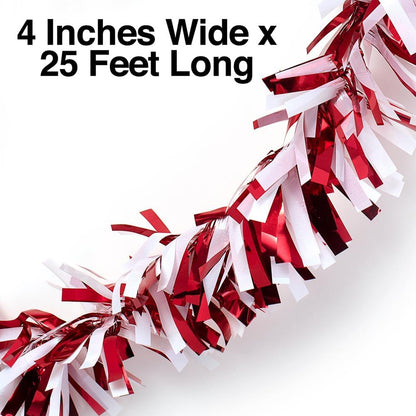 Anderson's Red & White Sparkle Glitter Metallic Tinsel Twist for Trailer Or Golf Cart, 4 inches Wide x 25 ft Long, Christmas, Birthday, Patriotic and Holiday Garland Decor for Parties and Parades