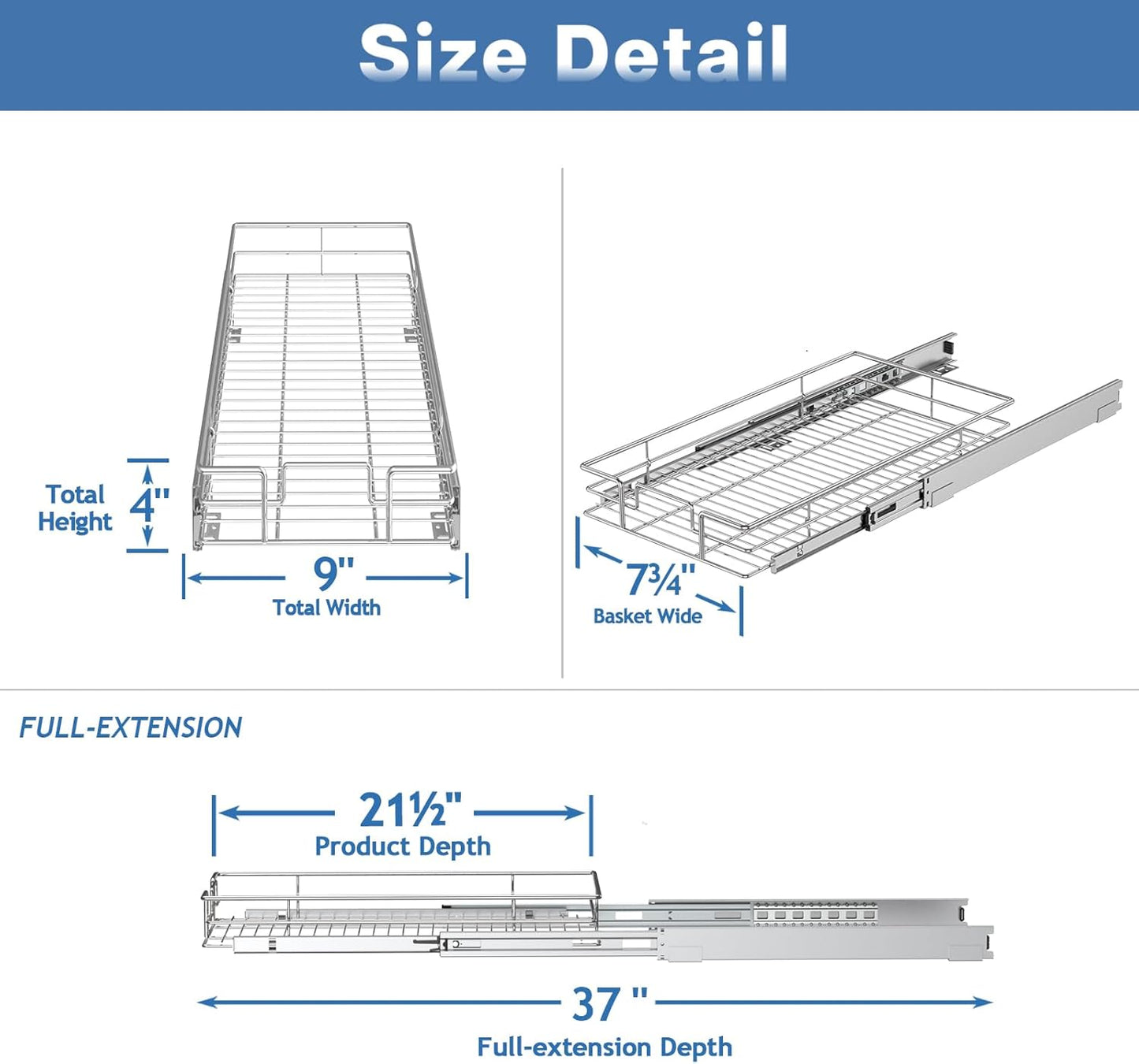Pull Out Cabinet Organizer 9" W x 21½" D, Heavy Duty Cabinet Pull Out Shelves, Slide Out Drawers Organization for Kitchen Cabinets Bathroom