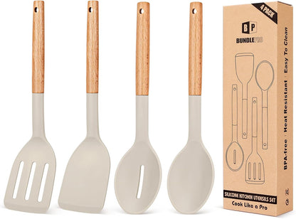 Pack of 4 Silicone Cooking Utensils Set, Non Stick Solid Spatulas and Heat Resistant Slotted Spoons with Wooden Handle, Ideal Wood Kitchen Utensils Set for Frying,Serving,Turning,Stirring (KHAKI)